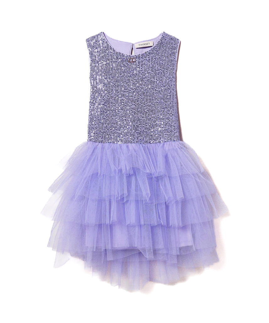 Twinset Kids Abito Viola con Tulle e Paillettes per Bambine
