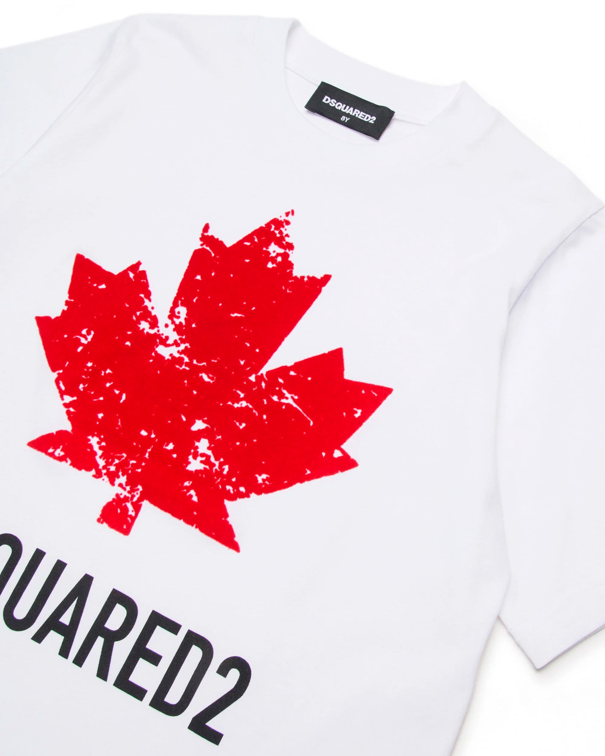 Dsquared2 Kids T-Shirt Bianca con Stampa Logo Foglia a Contrasto Rossa per Bambini
