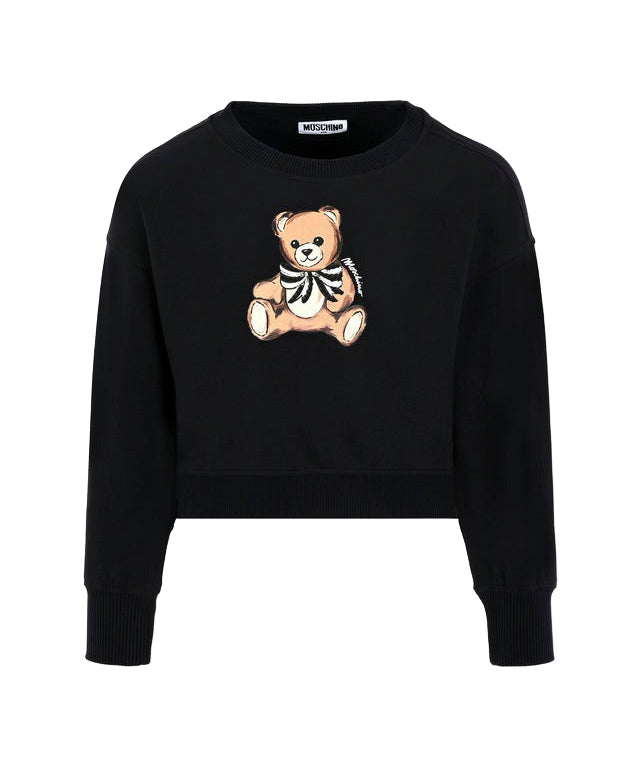 Felpa Moschino Kids nera con stampa Teddy Bear. Morbida e comoda, perfetta per look casual e divertenti.