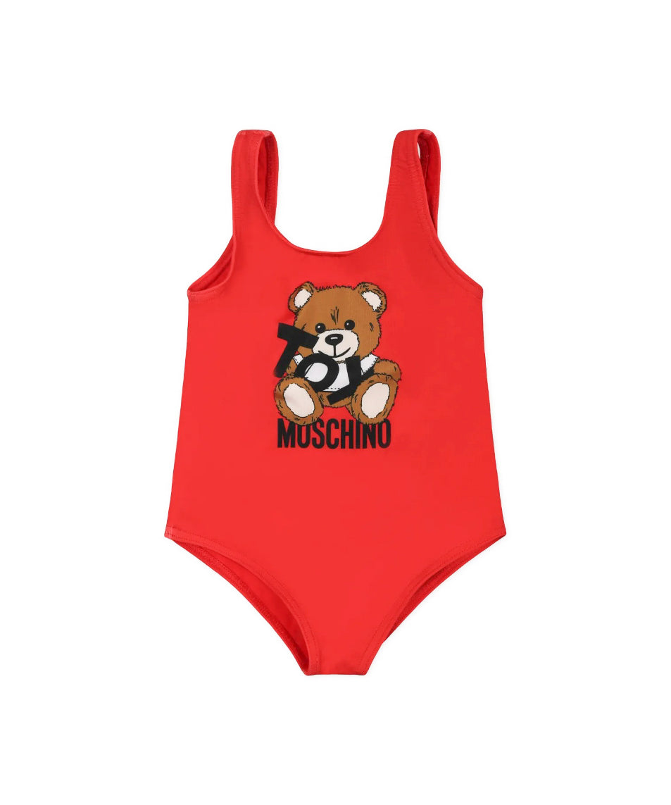 Moschino Kids Costume Monokini Rosso con Stampa per Neonate