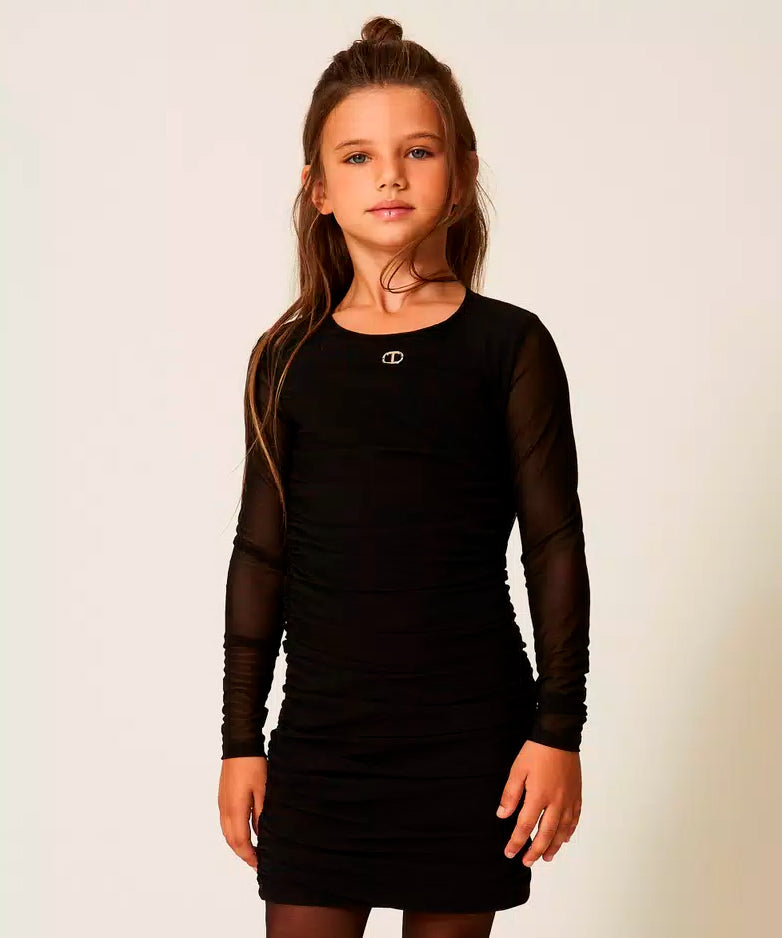 Twinset Kids Abito Nero Corto in Tulle con Arricciatura per Bambine