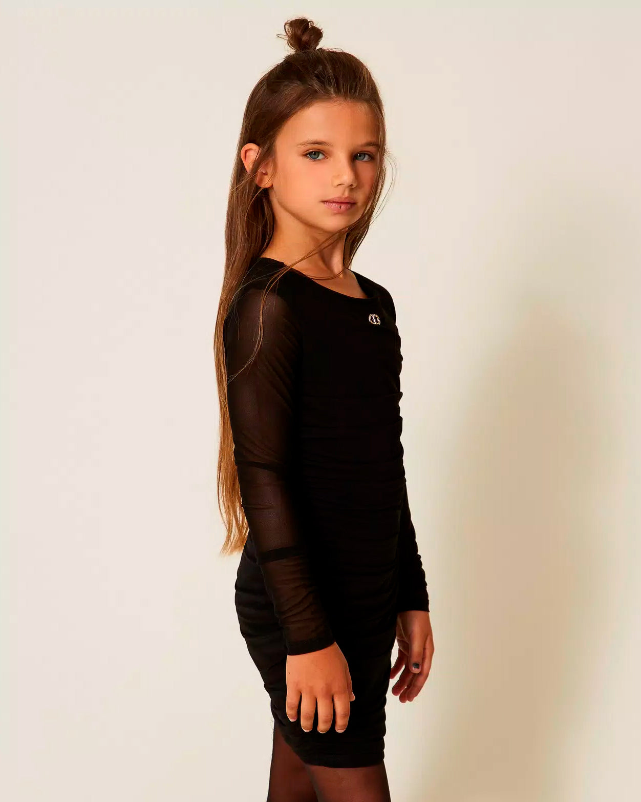 Twinset Kids Abito Nero Corto in Tulle con Arricciatura per Bambine