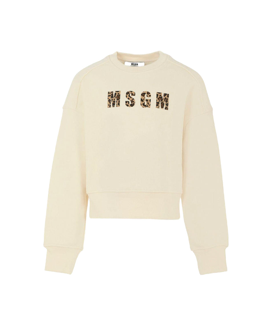 MSGM Kids Felpa Girocollo Crema con Logo Maculato per Bambine