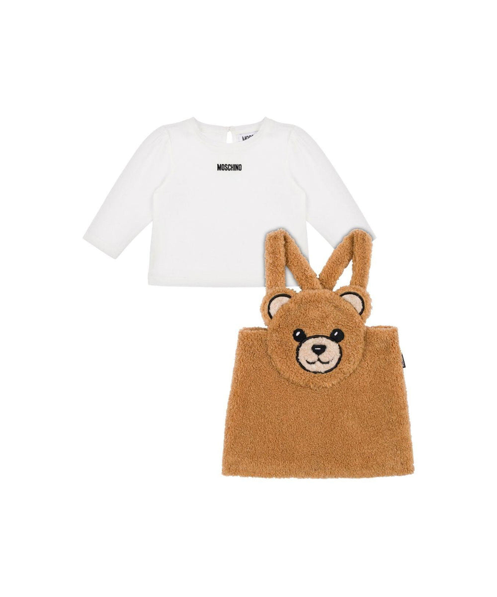 Moschino Kids T-shirt Bianca con Salopette Teddy per Neonate