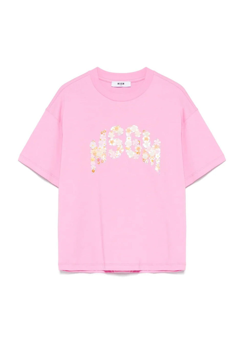 MSGM Kids T-shirt Rosa con Applicazione Fiori per Bambine fronmte
