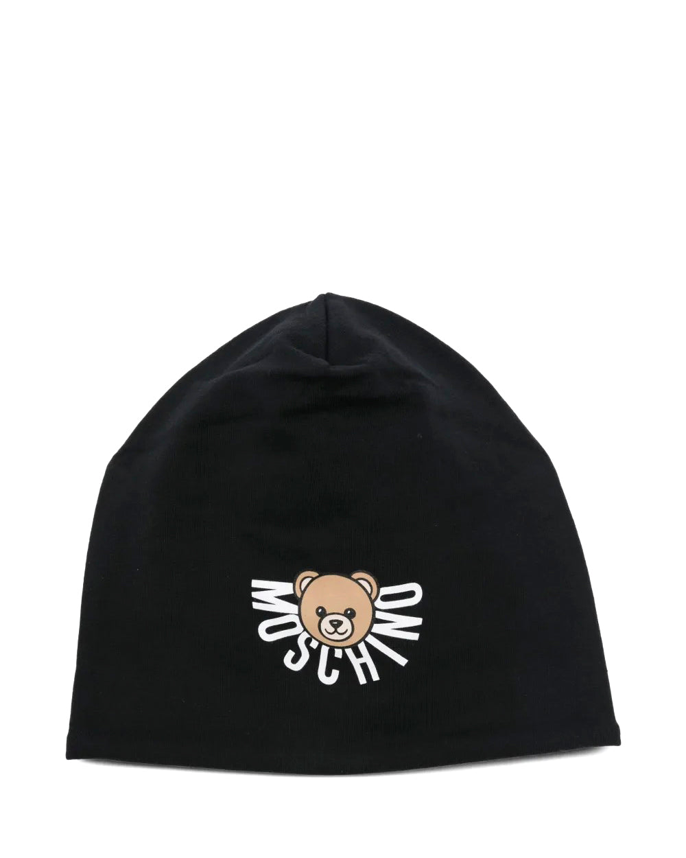 Cappello nero Moschino Kids in jersey con logo e orsetto Teddy stampato. Un accessorio comodo e stiloso per look casual e urban dei più piccoli.