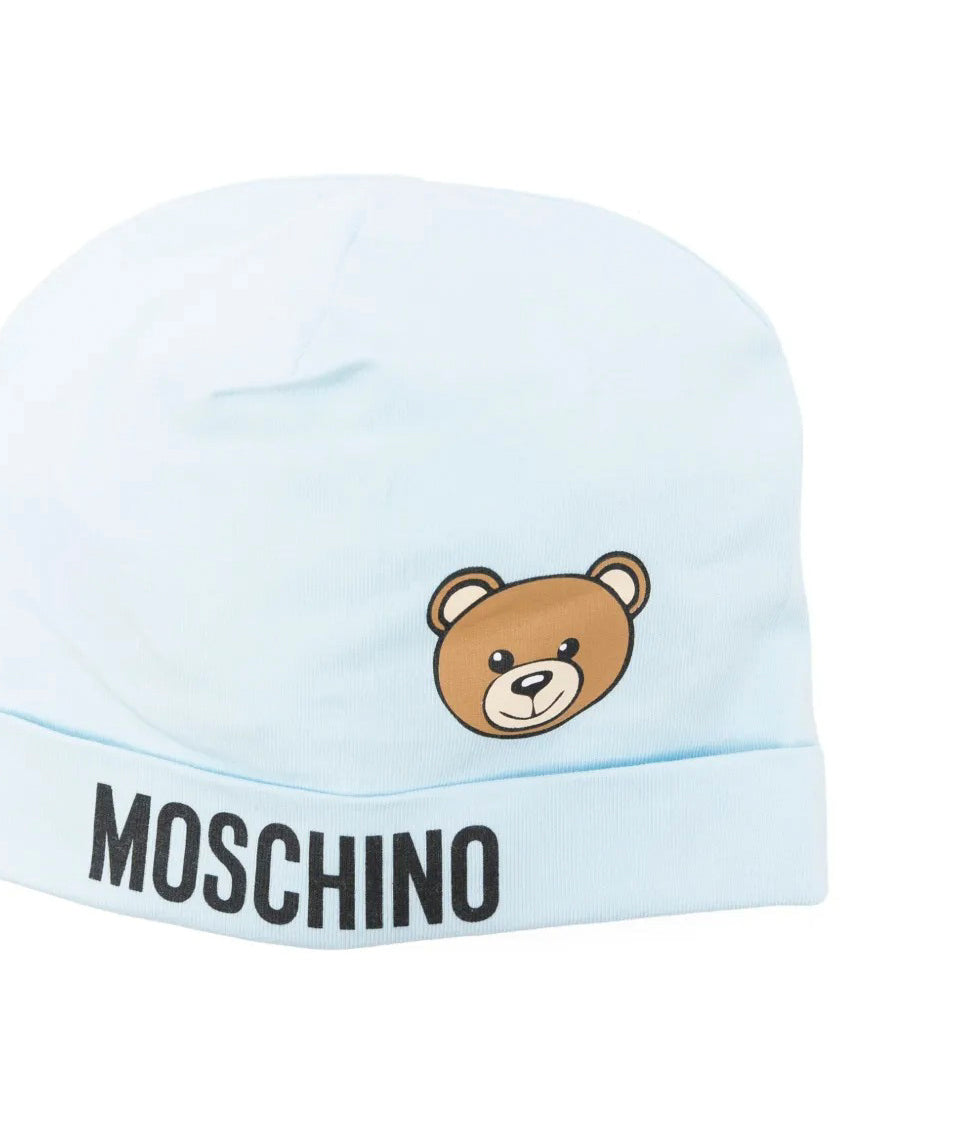 Moschino Kids Cappello Celeste con Logo Teddy Bear per Neonati