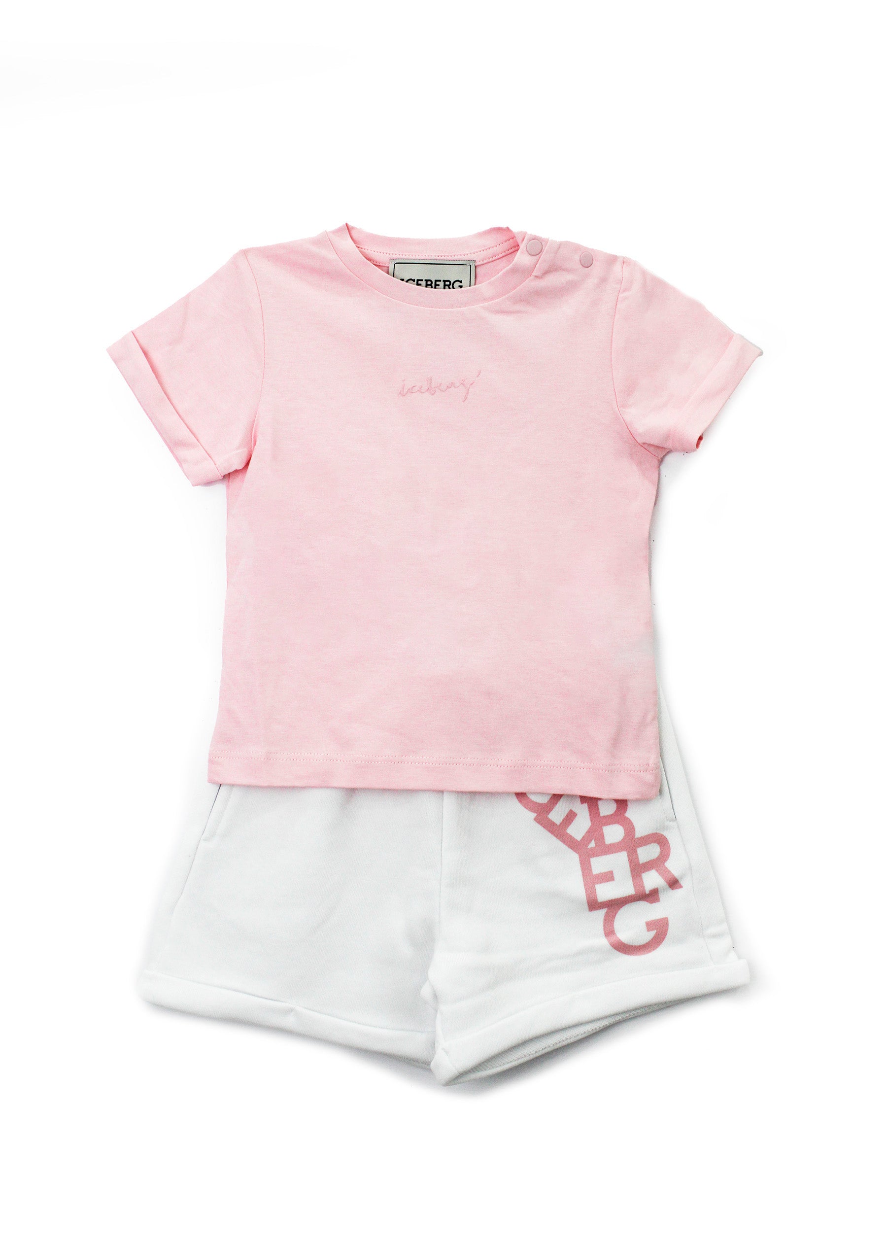 Iceberg Kids T-shirt Rosa con Stampa Retro con Short Bianchi per Neonate