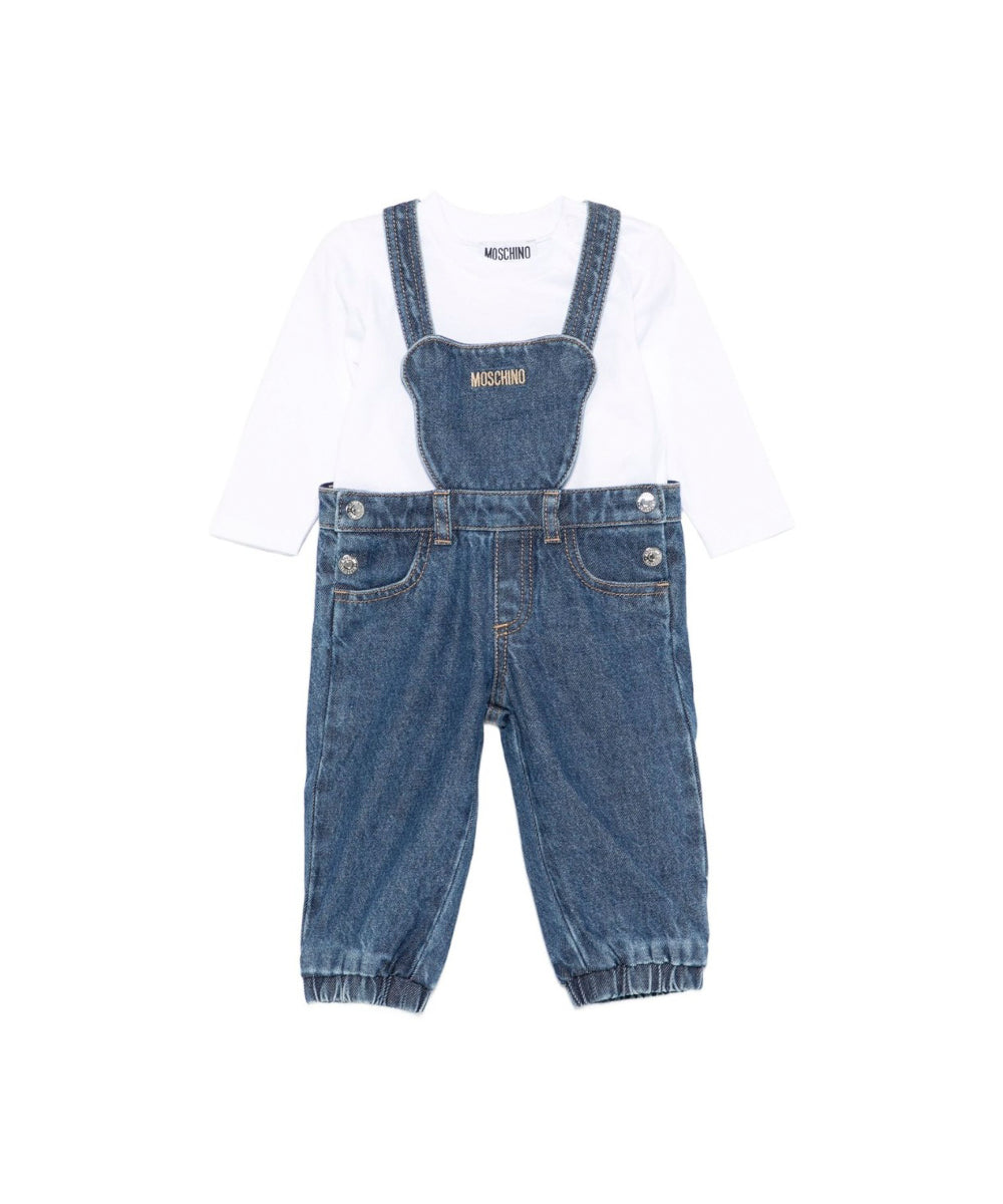 Moschino Kids T-shirt Bianca con Salopette per Neonati