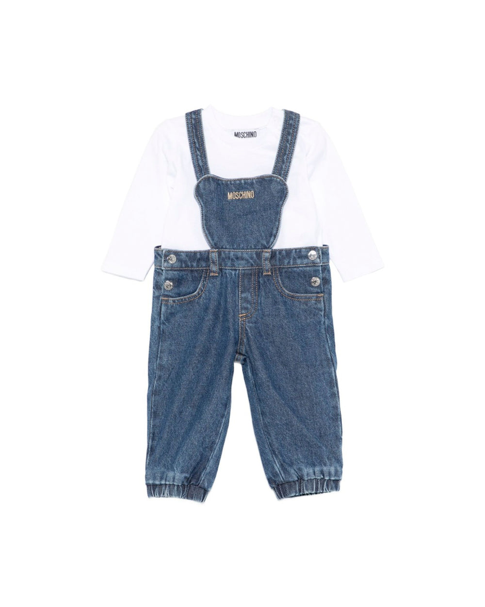 Moschino Kids T-shirt Bianca con Salopette per Neonati