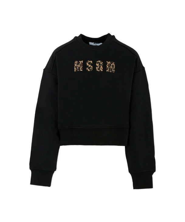 MSGM Kids Felpa Girocollo Nera con Logo Maculato per Bambine