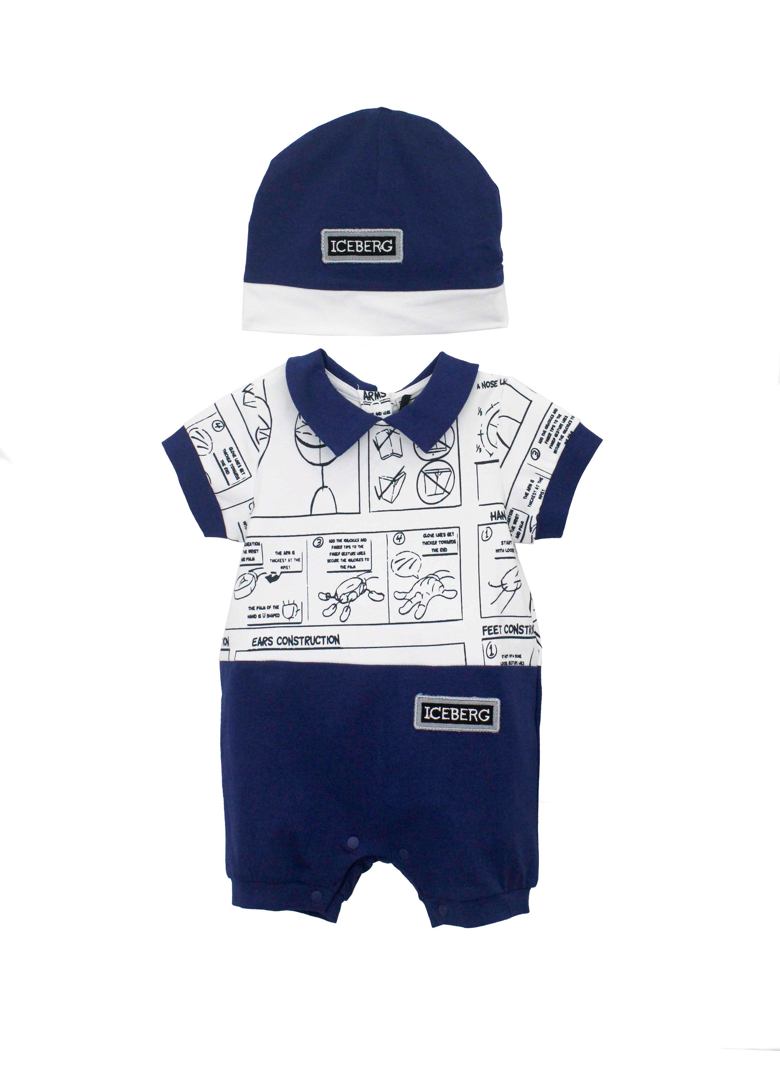 Iceberg Kids Pagliaccetto con Berretto Bianco/Blu con Stampa per Neonati (fronte)