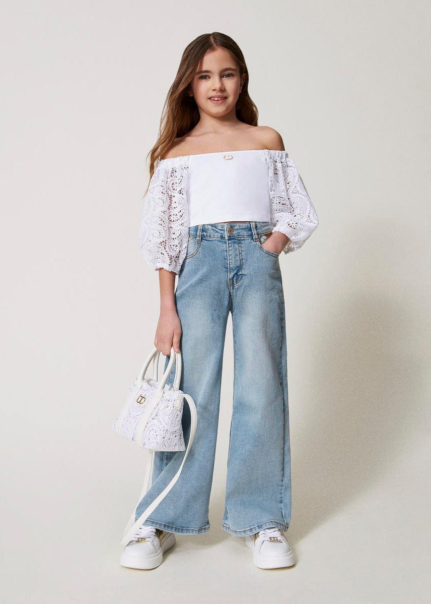 Twinset Kids Top Bianco con Pizzo per Bambine