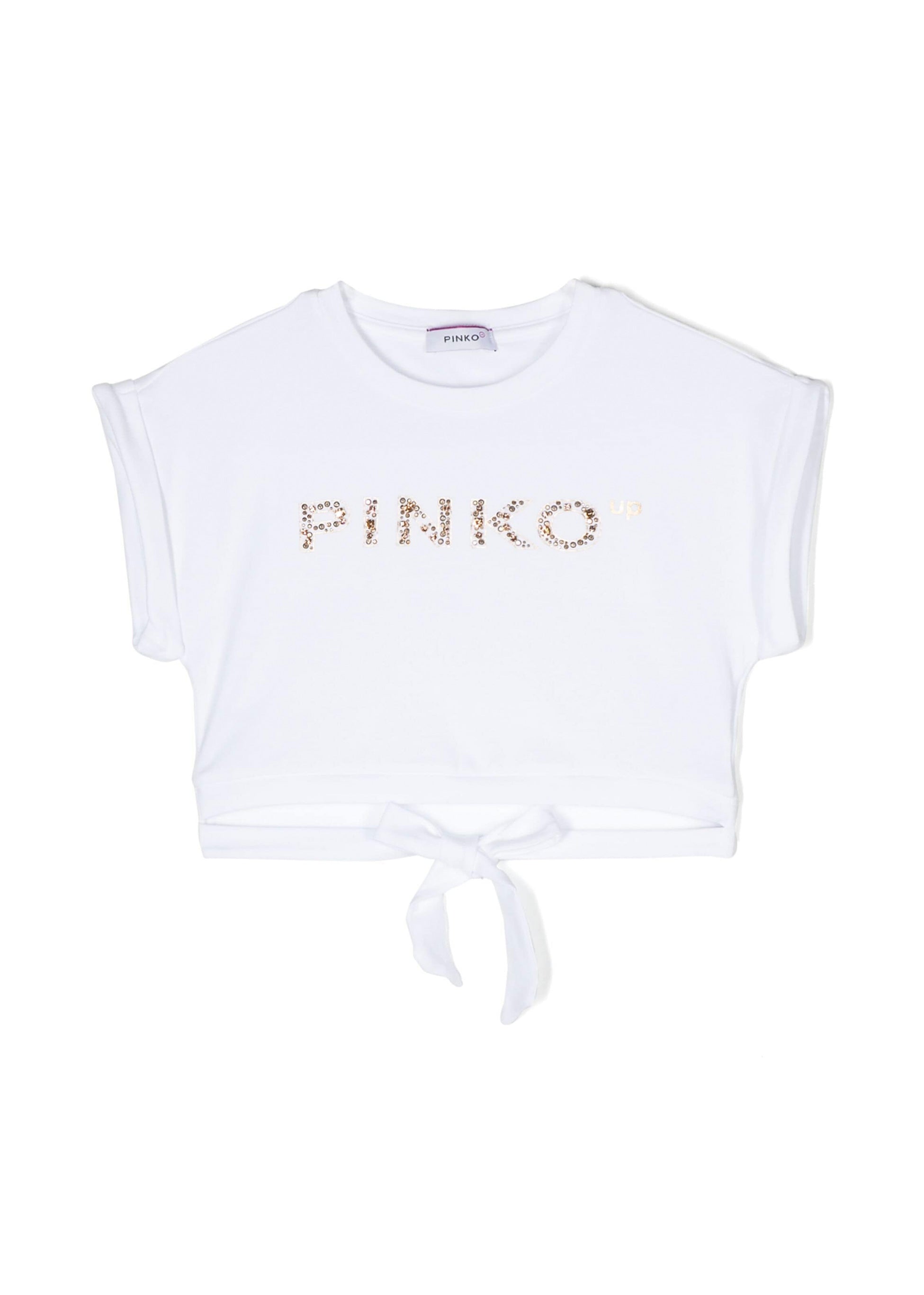 Pinko Kids T-shirt Crop Bianca con Fiocco e Strass
