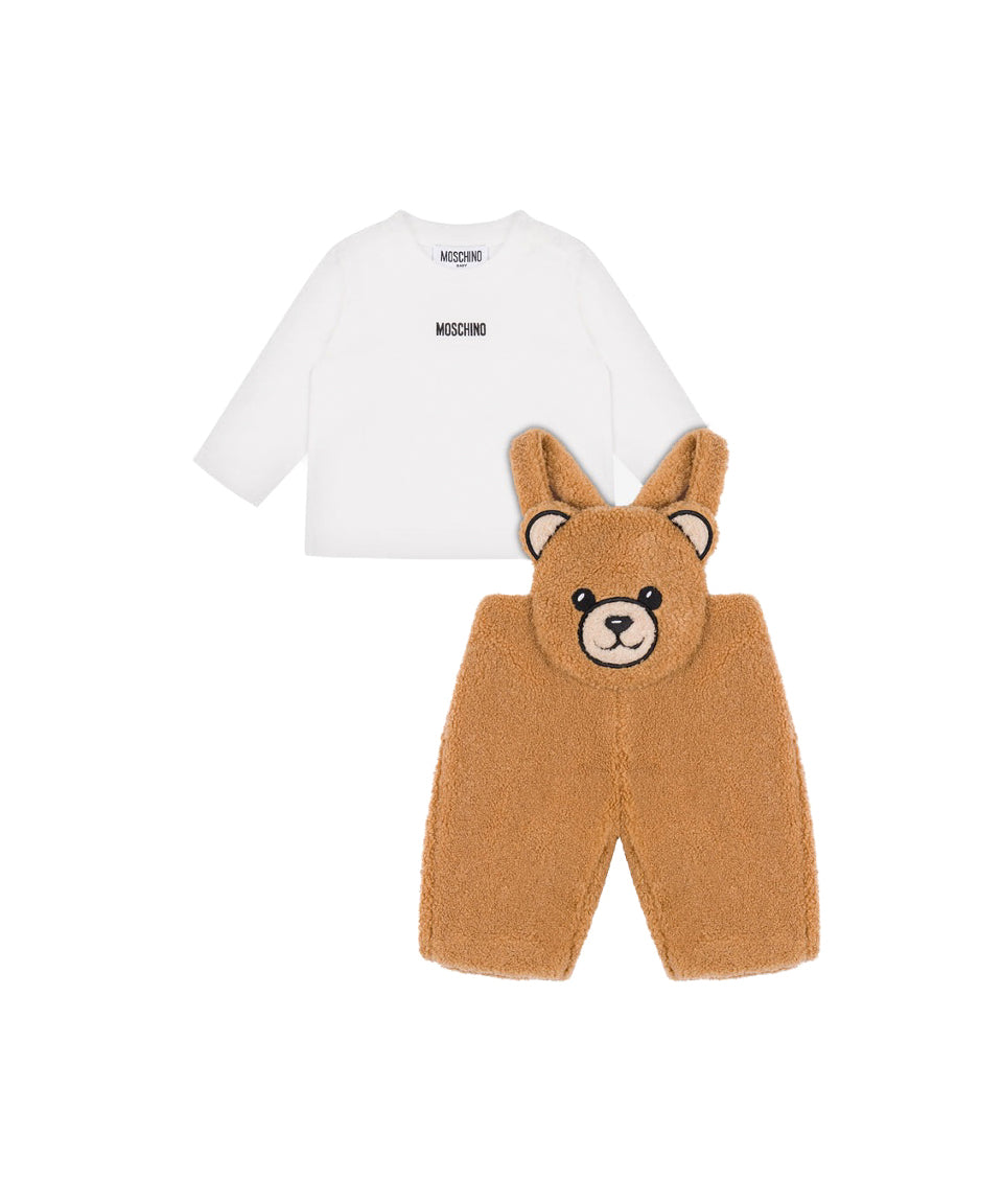 Moschino Kids T-shirt Bianca con Salopette Teddy per Neonati
