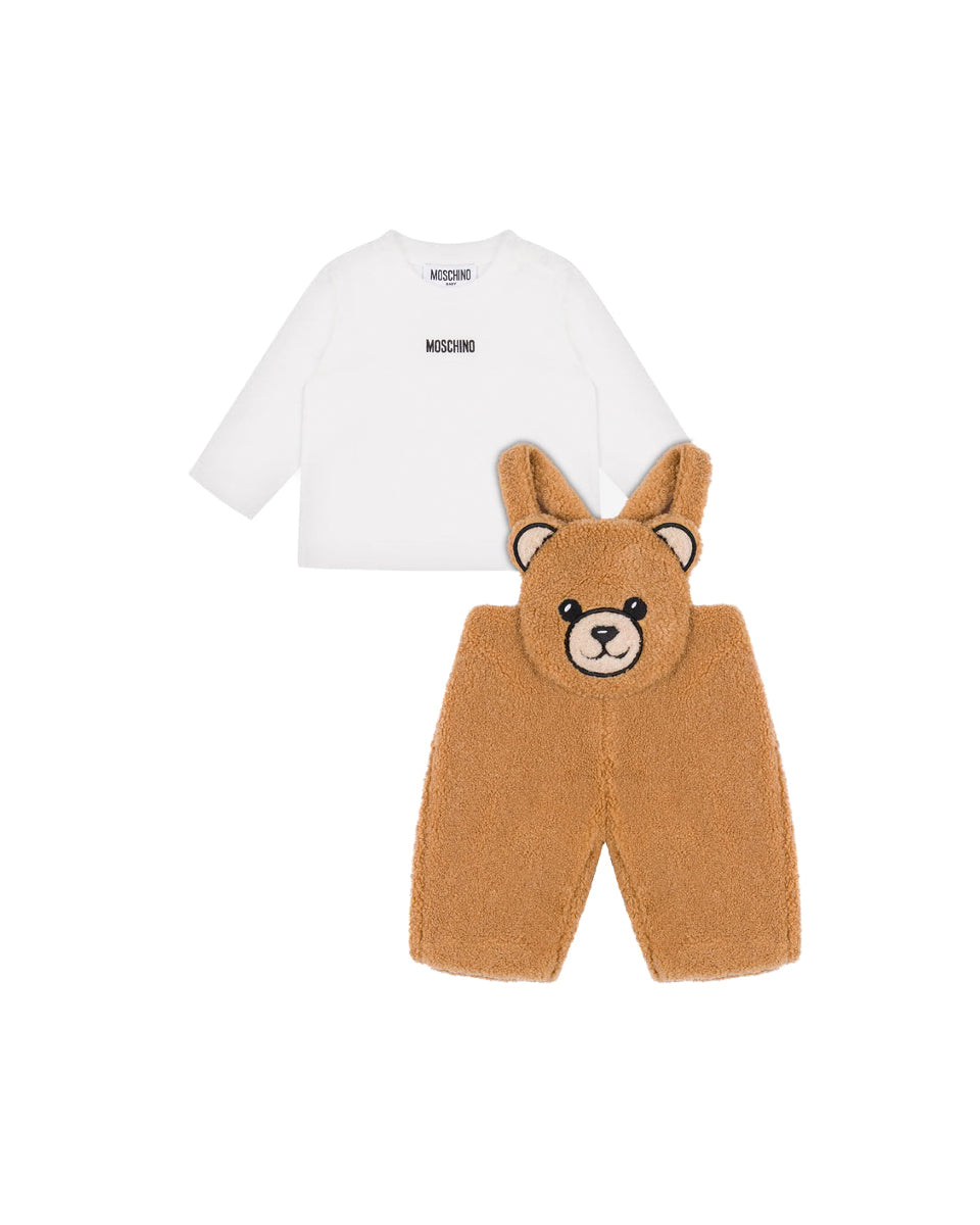 Moschino Kids T-shirt Bianca con Salopette Teddy per Neonati