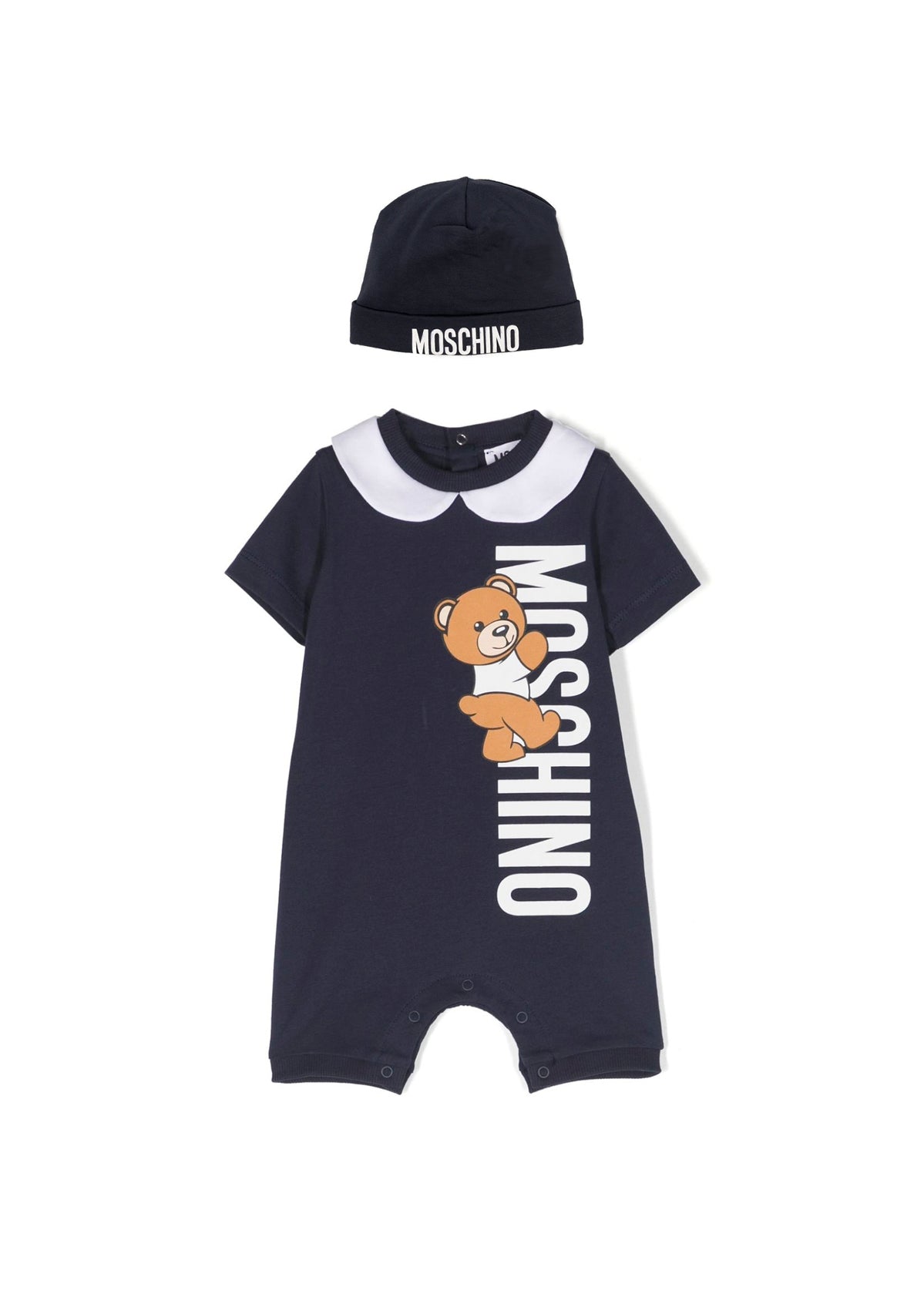 Moschino Kids Pagliaccetto Blu con Berretto Teddy Bear per Neonati (fronte)