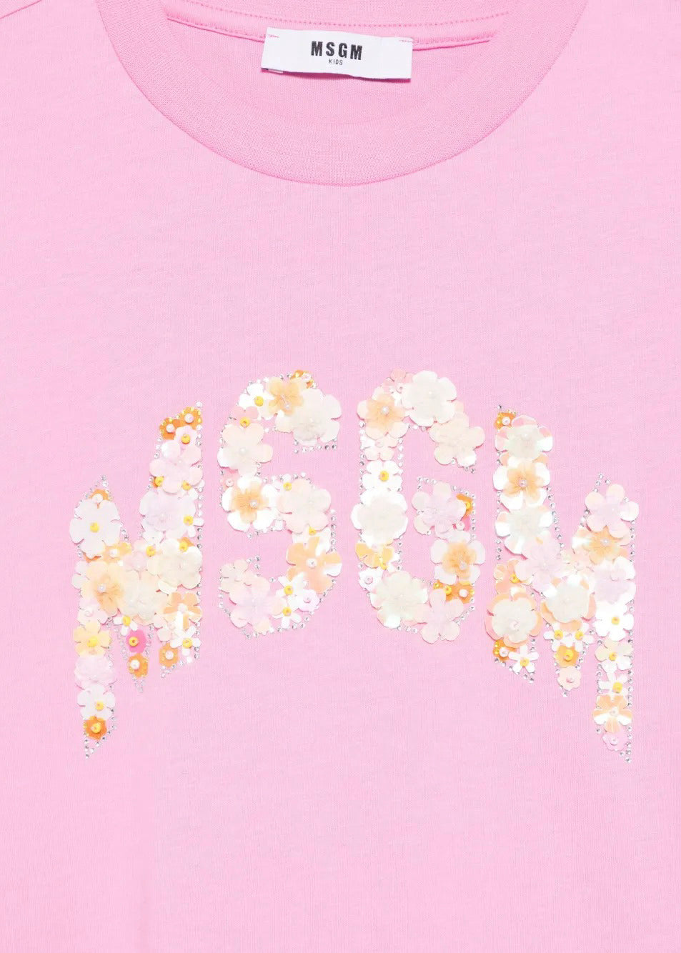 MSGM Kids T-shirt Rosa con Applicazione Fiori per Bambine dettaglio