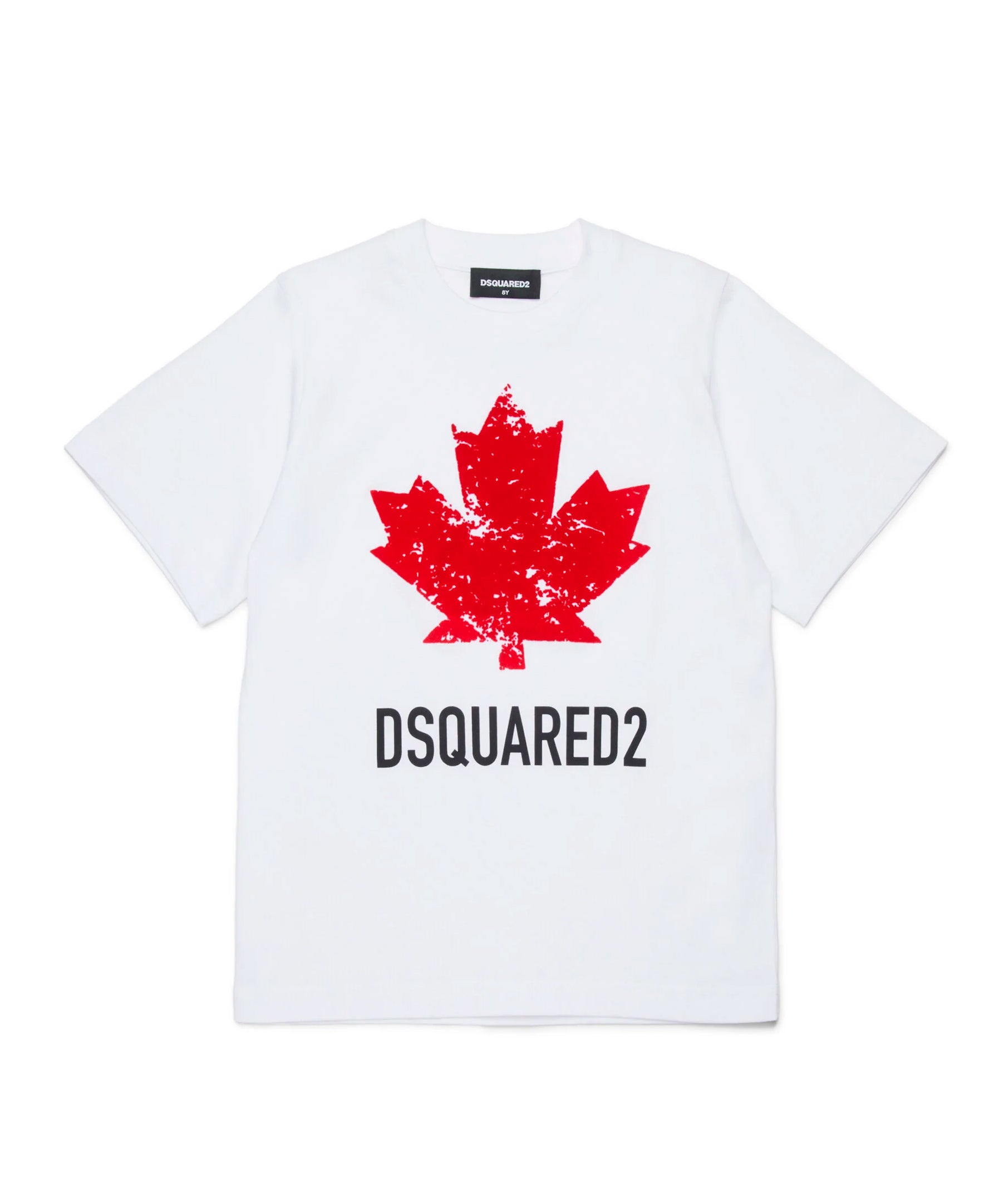 Dsquared2 Kids T-Shirt Bianca con Stampa Logo Foglia a Contrasto Rossa per Bambini