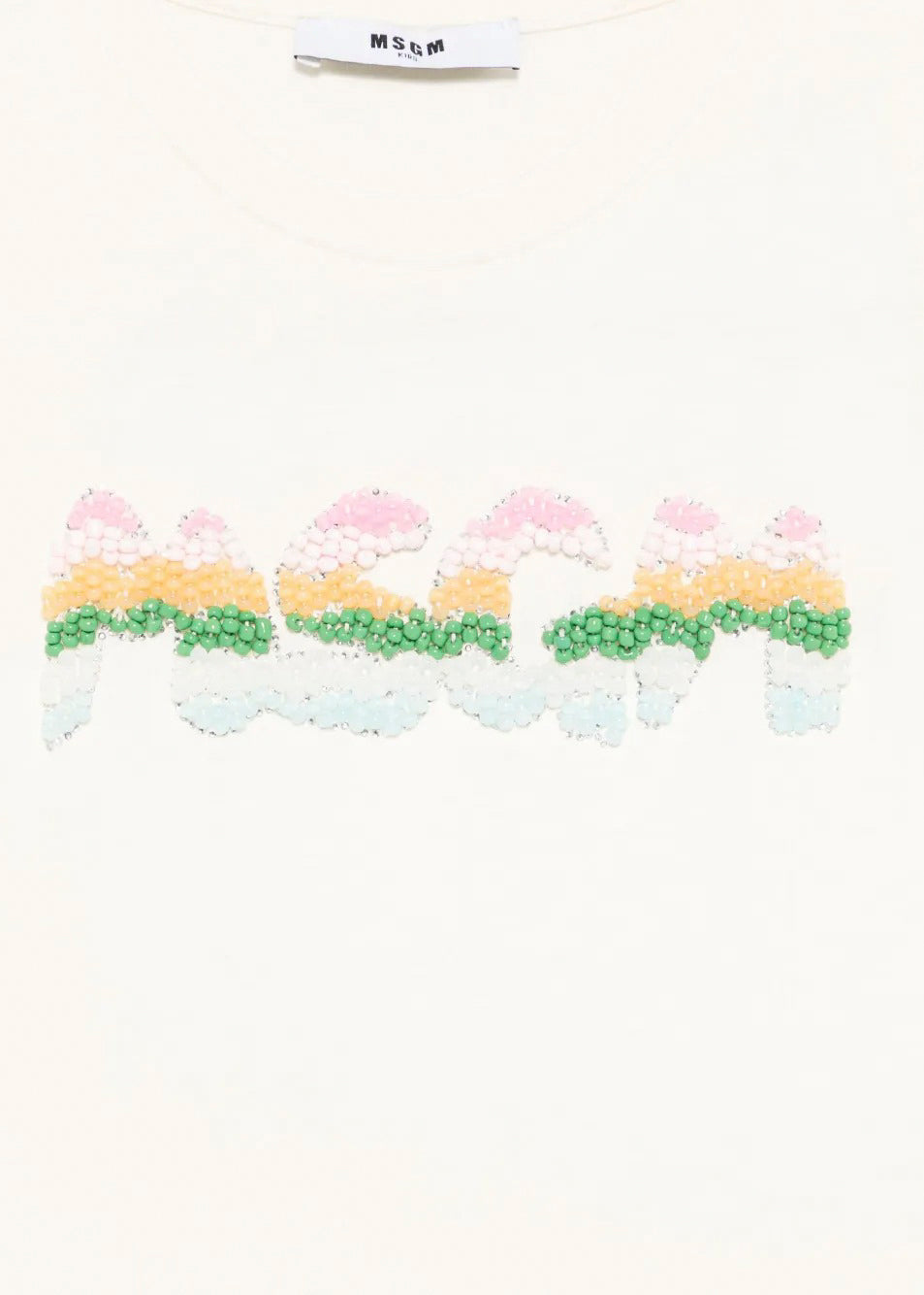 MSGM Kids T-shirt Crema con Applicazione Perline per Bambine (dettaglio)