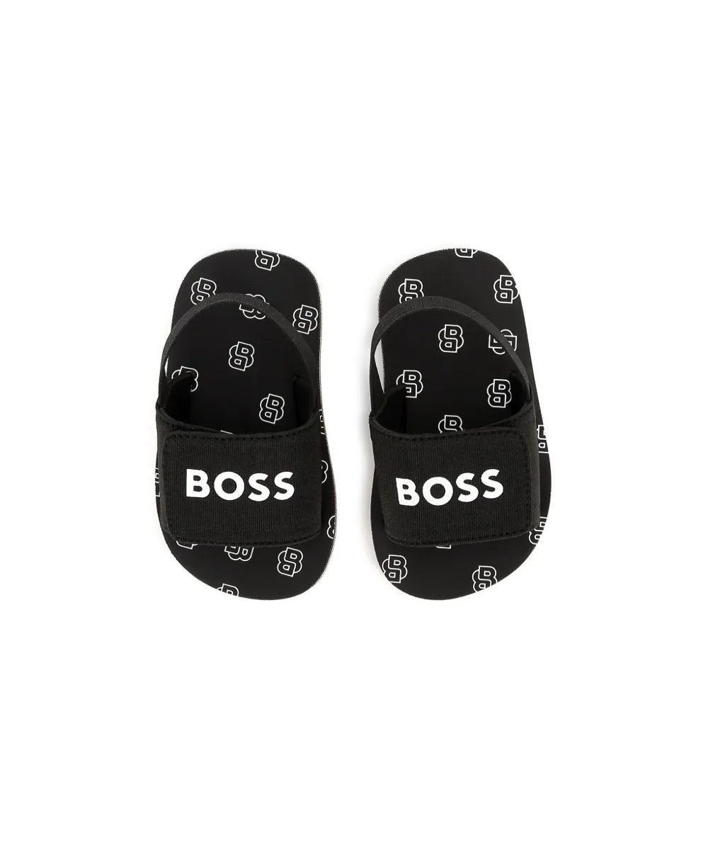 Boss Kids Sandali Neri Pull On con Logo Neonati