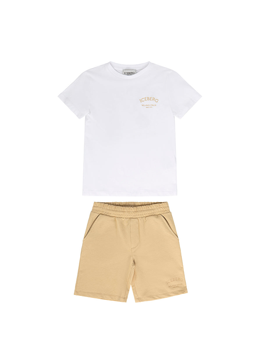 Iceberg Kids T-shirt Bianca con Stampa e Shorts Sabbia per Bambini