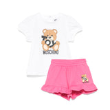 Moschino Kids T-shirt Bianca con Short Fucsia con Stampa per Neonate