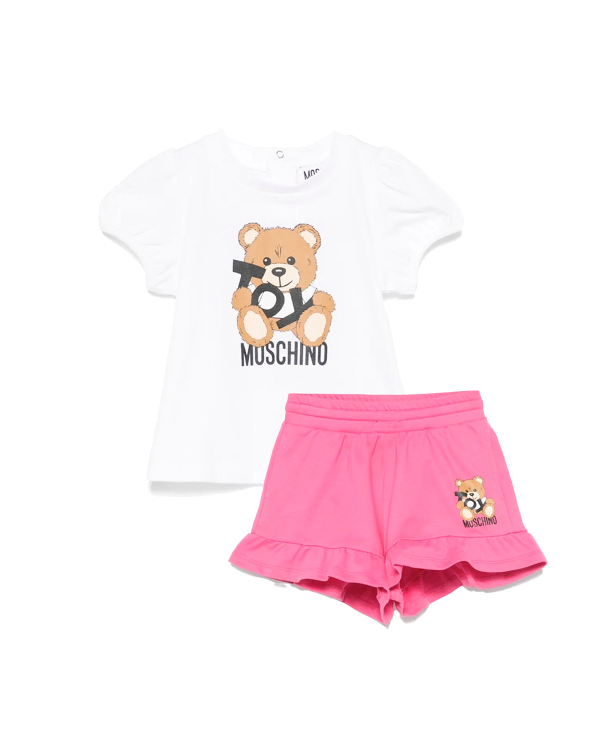 Moschino Kids T-shirt Bianca con Short Fucsia con Stampa per Neonate
