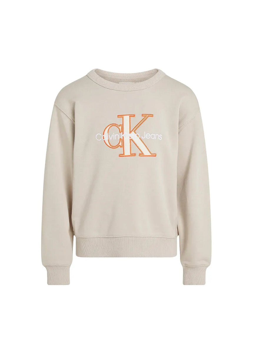 Calvin Klein Kids Felpa Beige Girocollo con Logo per Bambini