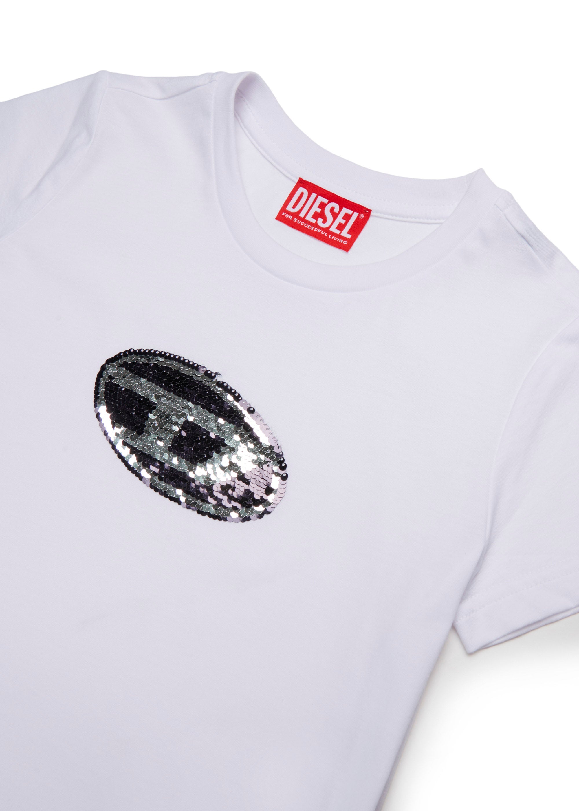 Diesel Kids T-shirt Bianca con Logo Pailettes per Bambine (dettaglio)