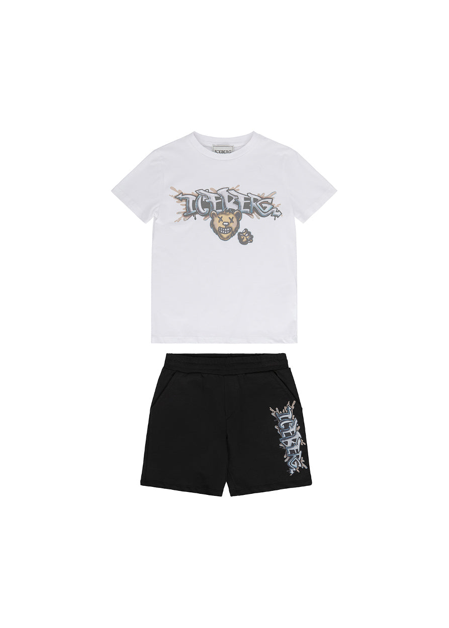 Iceberg Kids T-shirt Bianca con Shorts Neri con Stampa per Neonati