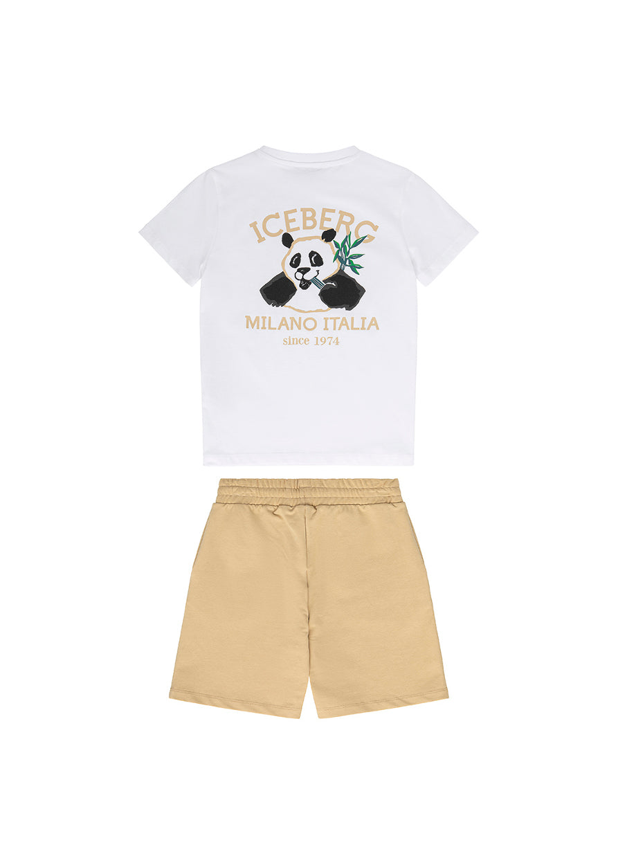 Iceberg Kids T-shirt Bianca con Stampa e Shorts Sabbia per Bambini