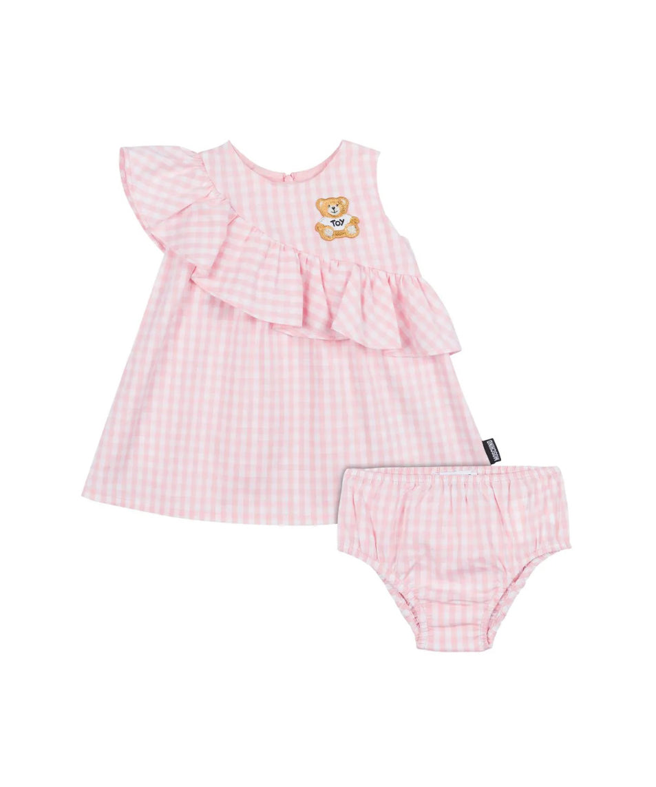Moschino Kids Abito Rosa a Quadri con Culotte per Neonate