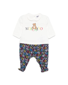 Moschino Kids Tutina Bianca/Blu Navy con Logo All Over per Neonati