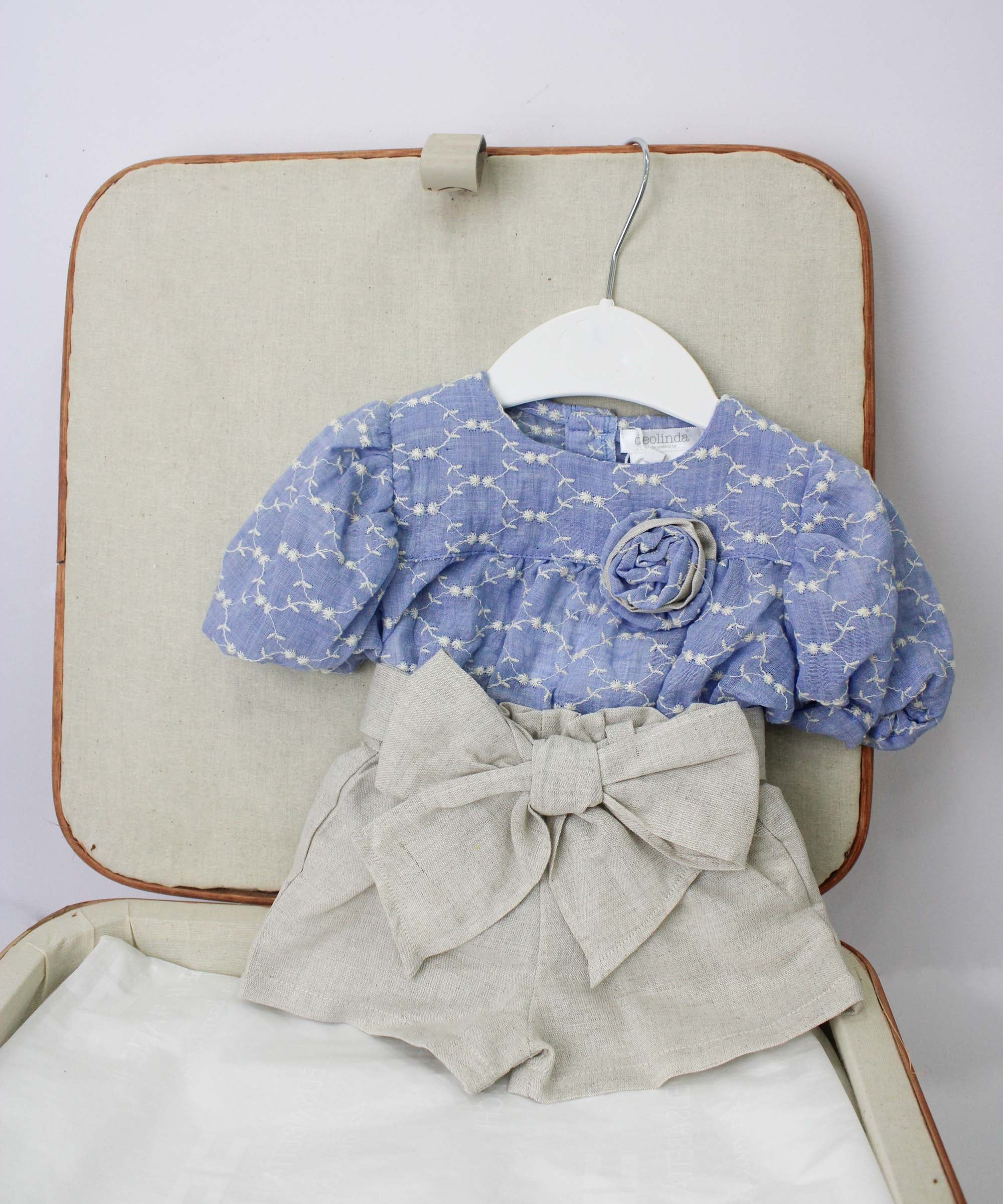 Deolinda T-shirt con Shorts Azzurro/Beige con Fiocco per Neonate
