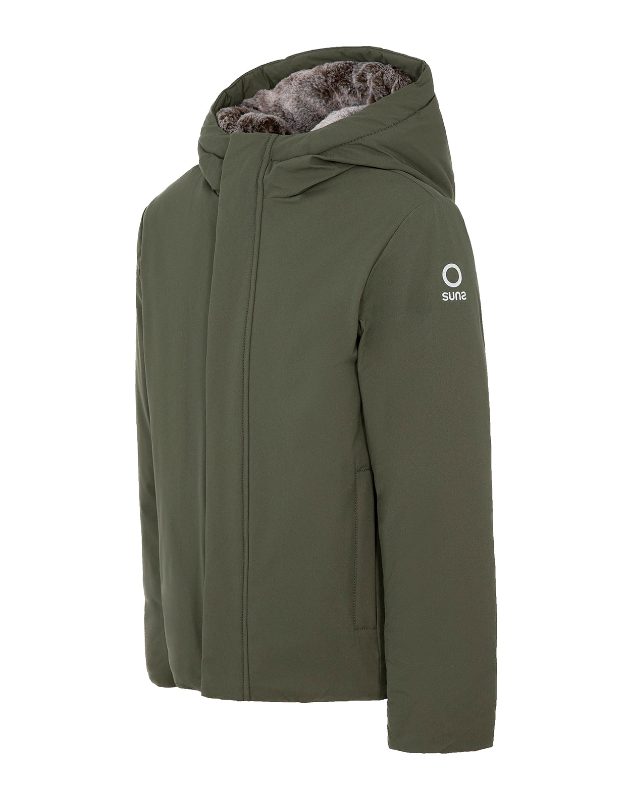 SUNS Kids Giubbotto Verde Militare con Cappuccio e Interno in Pelliccia per Bambini