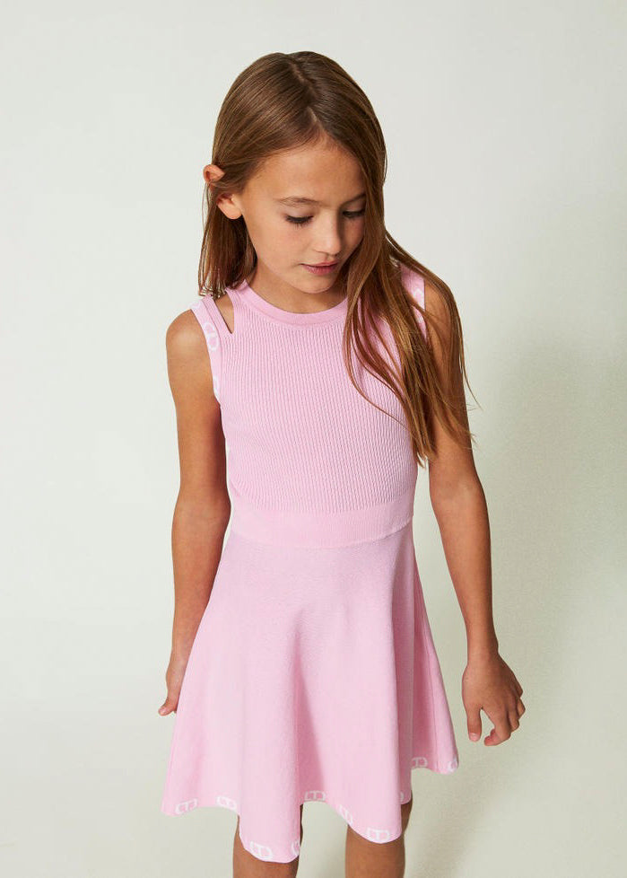 Twinset Kids Abito Corto Rosa con Logo Jacquard