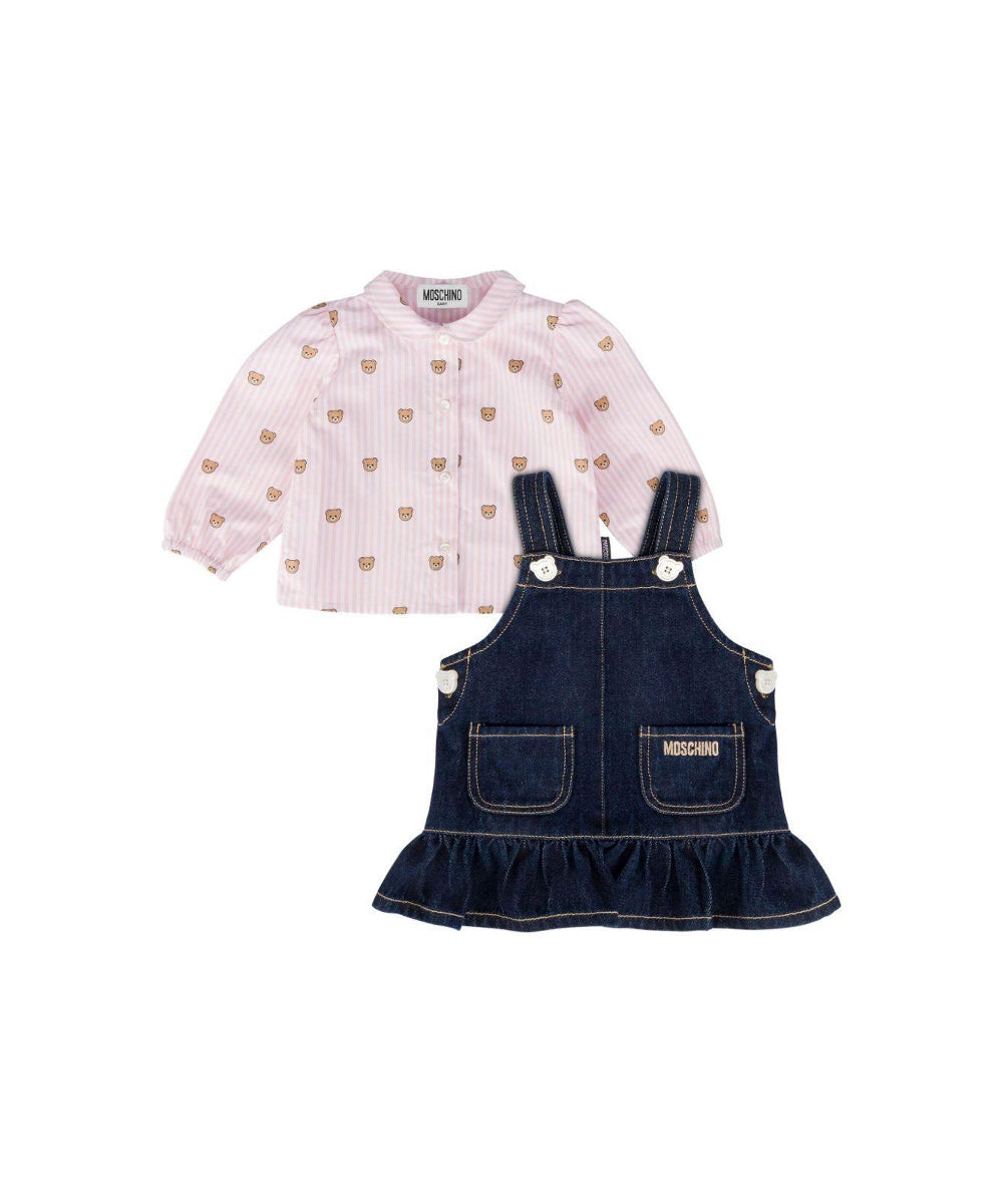 Moschino Kids Camicia a Righe Rosa con Salopette per Neonate