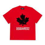 Dquared2 Kids T-shirt Rossa  con Stampa Logo Foglia a Contrasto Nera per Bambini