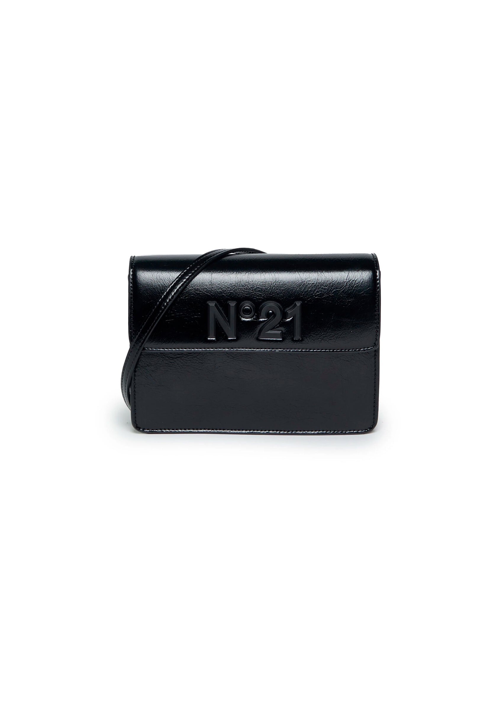 N°21 Kids Borsa a Spalla Nera con Placca Logo in Finta Pelle