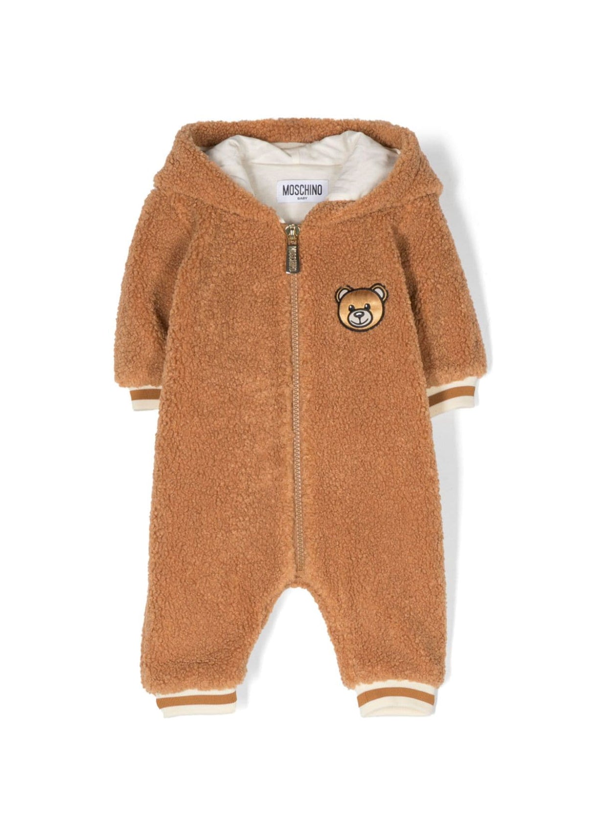 Tutina Moschino Kids Color Caramello con Cappuccio Teddy: Comfort e Stile per il Tuo Bambino