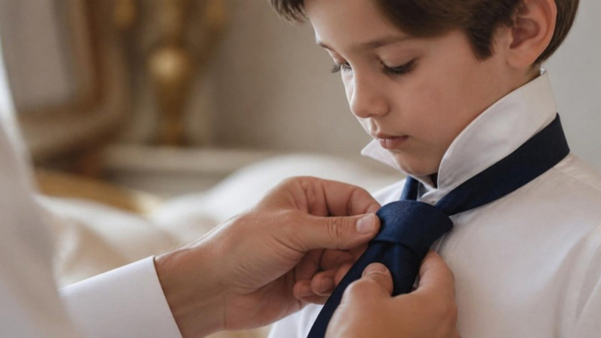 Adulto annoda la cravatta blu a un bambino in camicia bianca