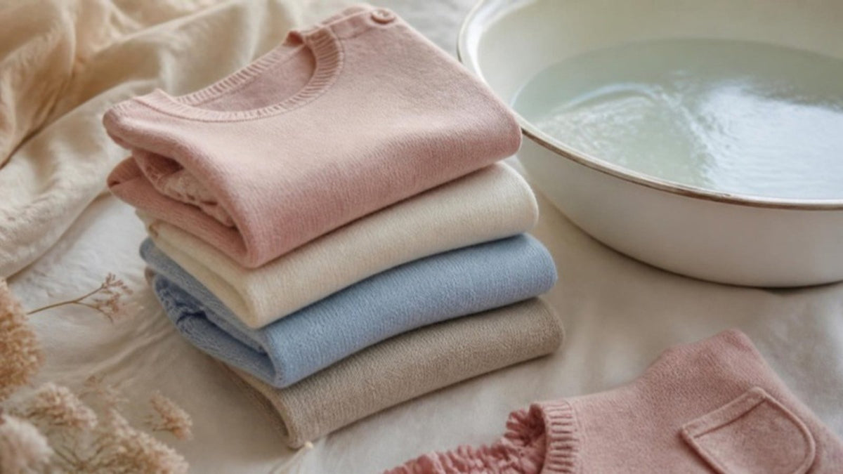 Maglioni in cashmere per bambini piegati accanto a una bacinella