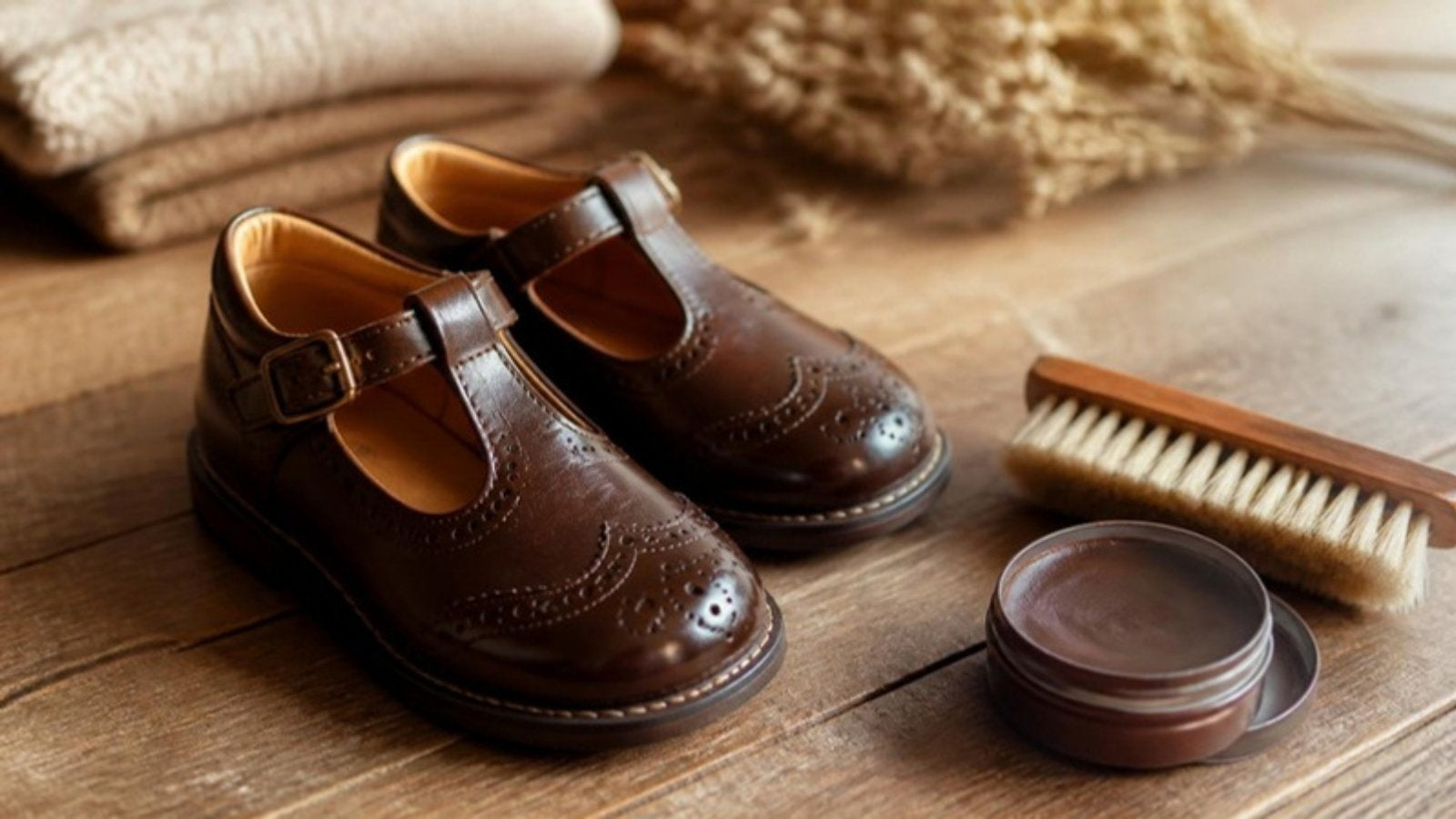 Scarpe in pelle per bambini con spazzola e crema