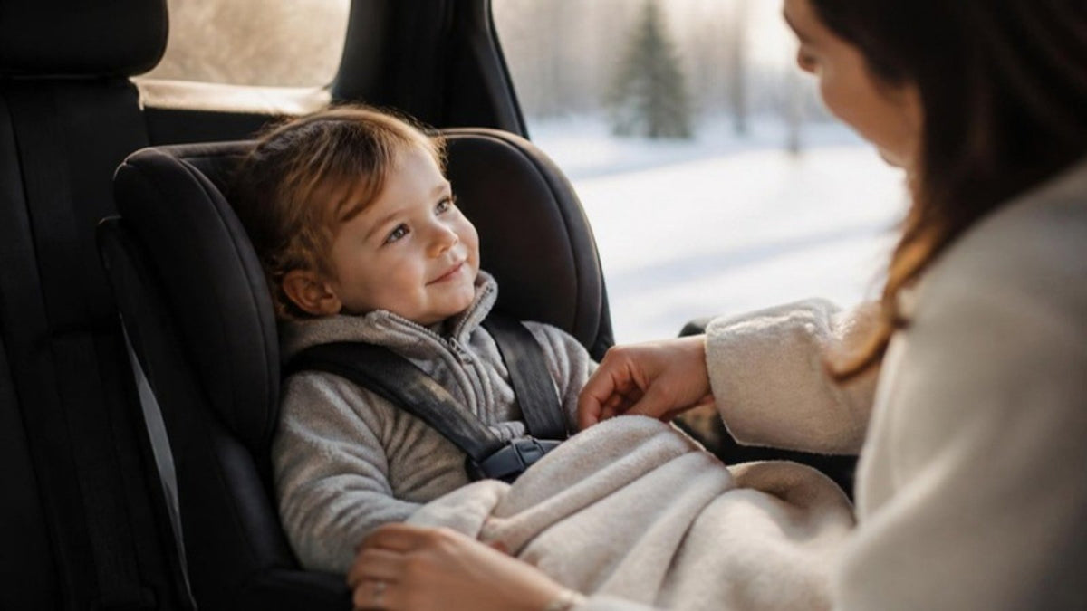 Bambino nel seggiolino auto con copertina sopra le cinture