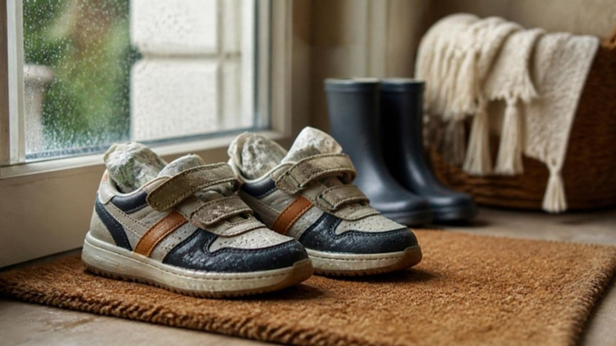 Sneakers da bambino bagnate imbottite di carta di giornale