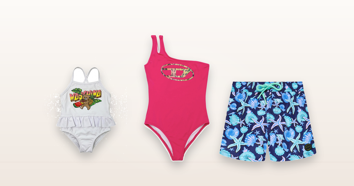 Costumi da bagno firmati per bambini: costume intero, costume per neonata e boxer mare a fantasia