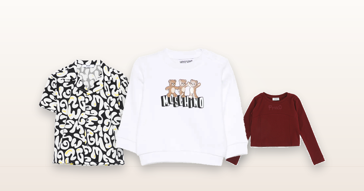 Brand di kidswear di lusso italiani: felpa Moschino, camicia MSGM e t-shirt Pinko per bambini