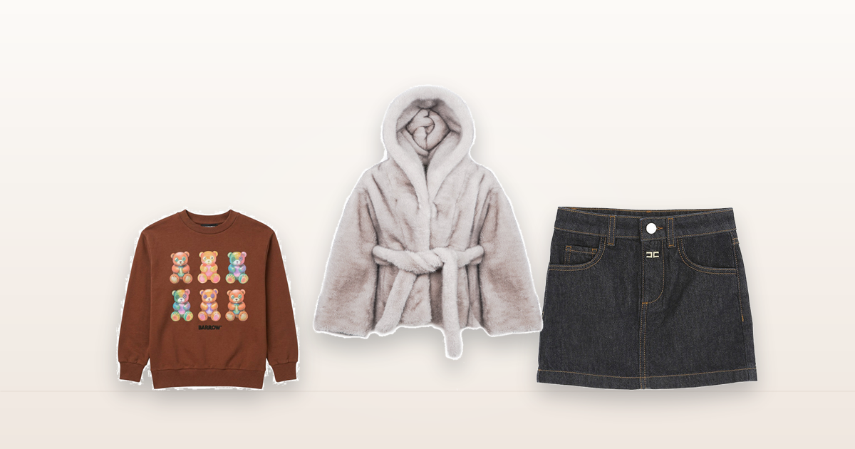 Outfit autunno bambina: giacca in ecopelliccia, felpa e gonna in denim