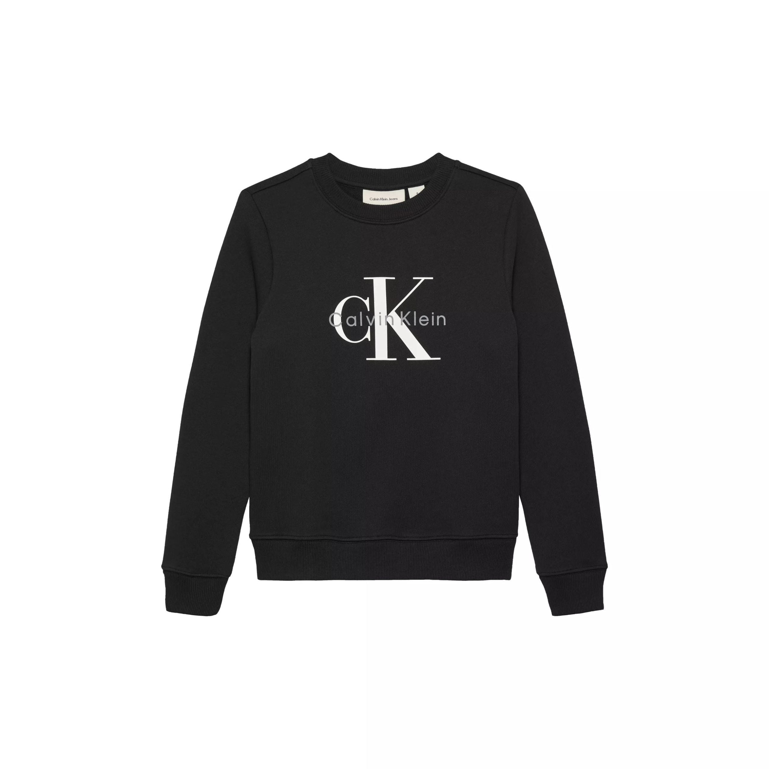 Calvin Klein Kids Felpa Girocollo Nera con Logo Frontale a Contrasto Bianco per Bambini